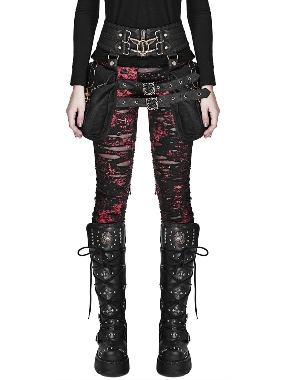 Punk Rave Black and Red Distressed Pattern Leggings